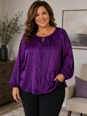 Purple Printed Peasant Silk Blouse - Sz 1X